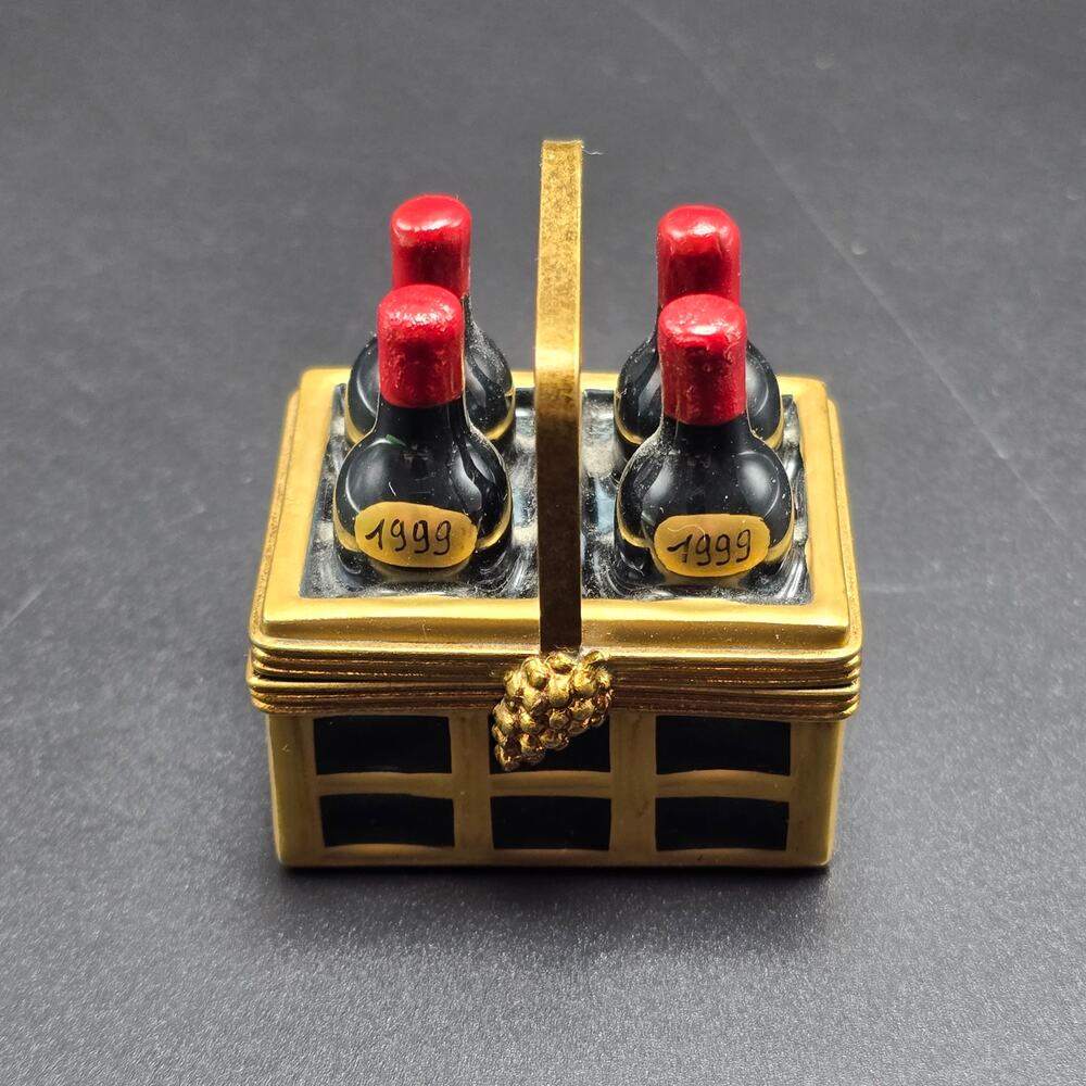 Vintage LIMOGES FRANCE BOX 1999 WINE BOTTLES IN A BASKET CORKSCREW PEINT MAIN